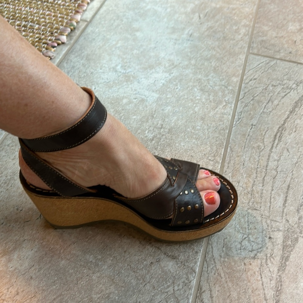 Fly London Brown Leather Wedge Sandals with Cork Platform
